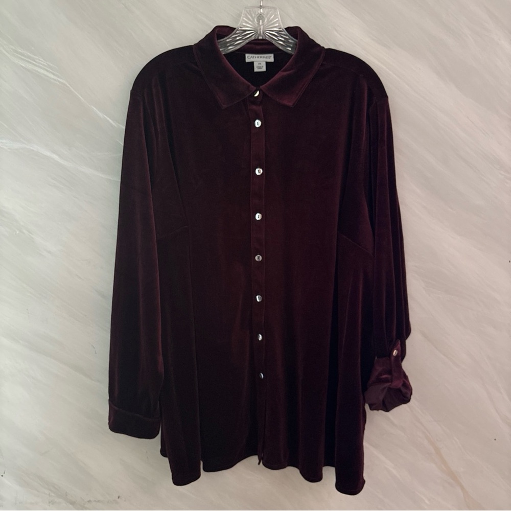 Catherines 2X Burgundy w/Silver Buttons Velour 3/4 Roll Tab Sleeve Blouse
